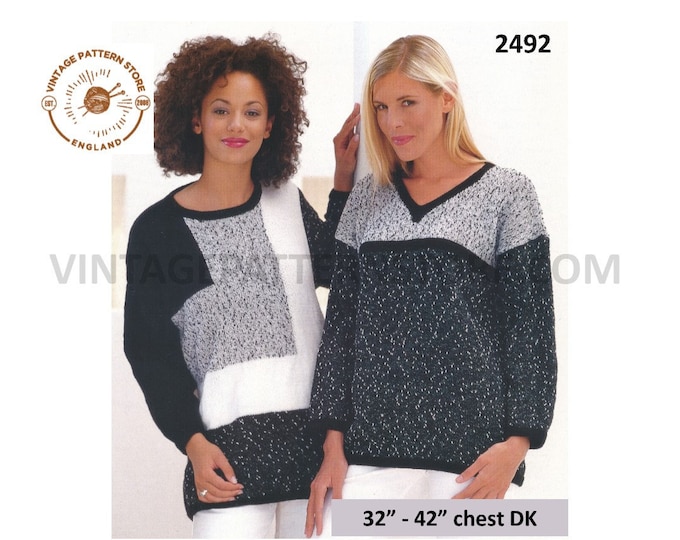 Ladies Womens 90s DK round V neck colour blocked drop shoulder geometric raglan sweater jumper pdf knitting pattern 32" to 42" Download 2492