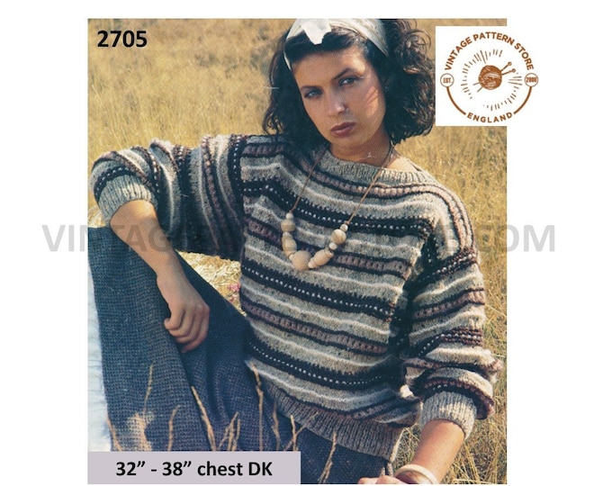 Ladies Womens 80s vintage DK slash neck lacy striped drop shoulder dolman sweater jumper pdf knitting pattern 32" to 38" chest Download 2705