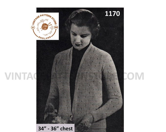 Ladies Womens 30s vintage deep V neck eyelet lace lacy raglan cardigan pdf knitting pattern 34" to 36" chest Instant PDF download 1170