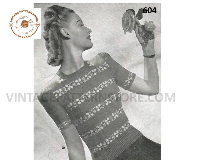 Ladies Womens 40s vintage 3 ply round neck boxy fair isle banded short sleeve raglan sweater jumper pdf knitting pattern 34" Download 604