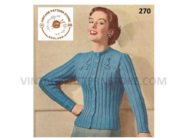 Ladies Womens 30s vintage round neck cabled cable yoke ribbed rib DK raglan cardigan pdf knitting pattern 36" chest Instant PDF Download 270