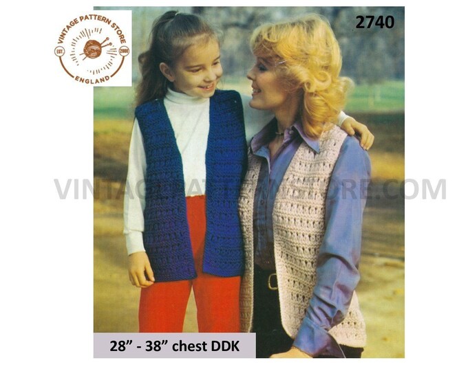 Ladies Womens Girls 70s vintage V neck open front chunky knit DDK waistcoat pdf knitting pattern 28" to 38" chest Instant PDF download 2740