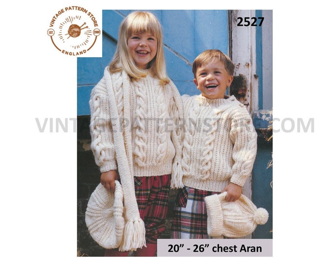 Boys Girls 90s buttoned drop shoulder crew neck cabled dolman aran sweater beret hat & scarf pdf knitting pattern 24" to 32" Download 2527