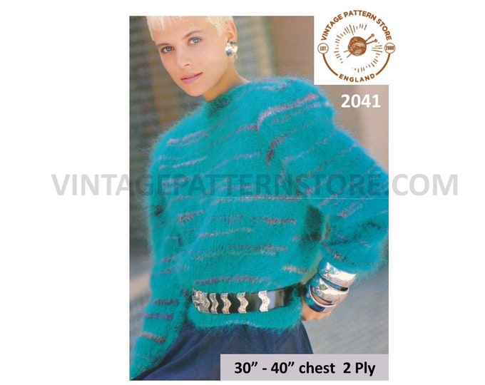 Ladies Womens 90s round neck boxy shoulder striped dolman mohair sweater jumper pdf knitting pattern 30" to 40" chest PDF download 2041