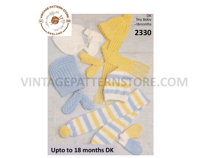 Newborn Baby Babies 90s easy to knit DK bonnet scarf & mittens pdf knitting pattern 4 designs to knit Up to 18 months Instant download 2330