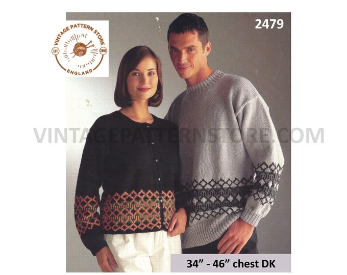 Ladies Womens Mens 90s fair isle banded drop shoulder dolman DK cardigan sweater jumper pdf knitting pattern 34" to 46" chest Download 2479