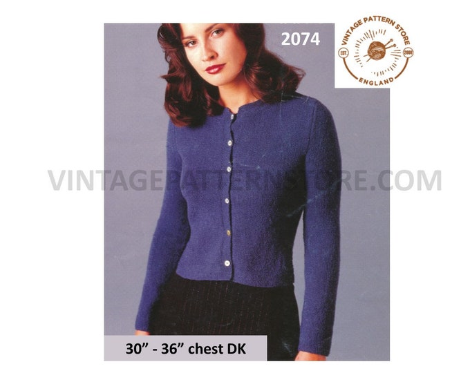 Ladies Womens 90s easy to knit DK round neck Mandarin collar cropped raglan cardigan pdf knitting pattern 30" to 36" chest PDF Download 2074