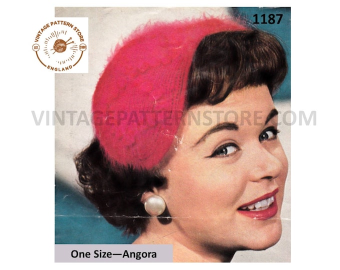Ladies Womens 50s vintage cable cabled angora hat cap pdf knitting pattern One Size Instant PDF download 1187