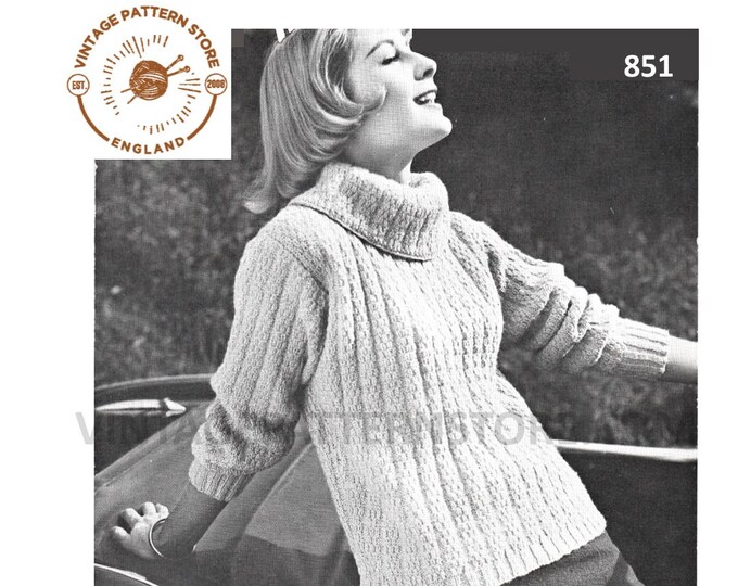 Ladies Womens 50s vintage cowl neck rib ribbed raglan DK sweater jumper pdf knitting pattern 34" to 36" chest Instant PDF download 851