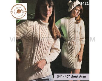 Ladies Womens 70s vintage crew neck cable cabled aran sweater jumper & belted sweater dress pdf knitting pattern 34" to 40" Download 1421