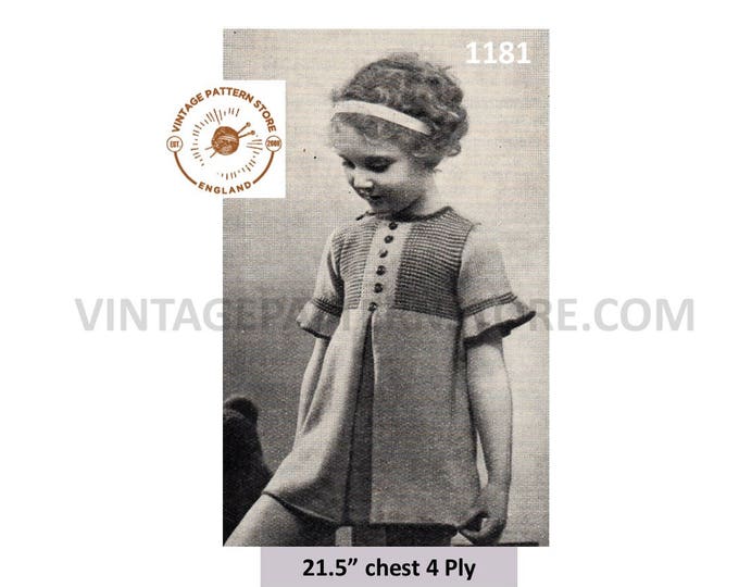 Girls 30s dress knitting pattern, Girls box pleat short sleeve 1930s party dress pattern, 4 ply dress pattern, 21.5" chest PDF download 1181