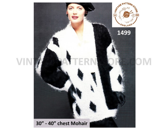 Ladies Womens 90s V neck mohair drop shoulder diamond intarsia dolman jacket pdf knitting pattern 30" to 40" chest Instant PDF Download 1499