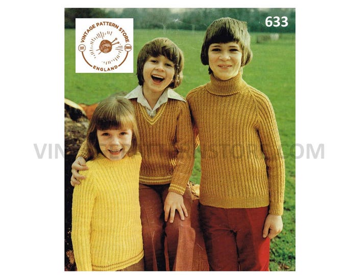 Boys Girls 70s vintage 3 ply turtleneck polo neck skinny rib ribbed raglan sweater jumper pdf knitting pattern 24" to 36" PDF download 633