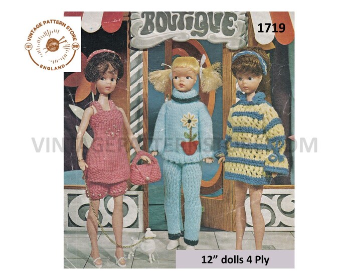 80s vintage 12" fashion doll Barbie Sindy 4 ply dolls clothes mini dress cocktail dress trouser suit pdf knitting pattern PDF Download 1719