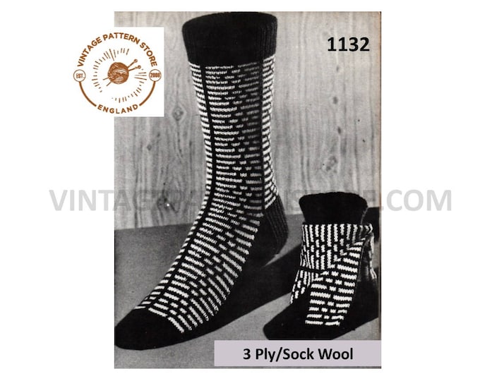 Mens Mans 50s vintage retro 3 ply fair isle socks pdf knitting pattern Instant PDF download 1132