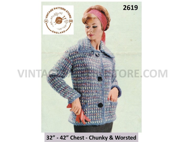 Ladies Womens 60s vintage worsted and chunky knit multi coloured collared raglan jacket pdf knitting pattern 32" to 42" chest download 2619