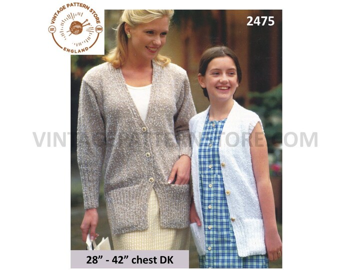 Ladies Womens Girls 90s easy to knit DK V neck raglan cardigan cap sleeve long line waistcoat pdf knitting pattern 28" to 42" Download 2475
