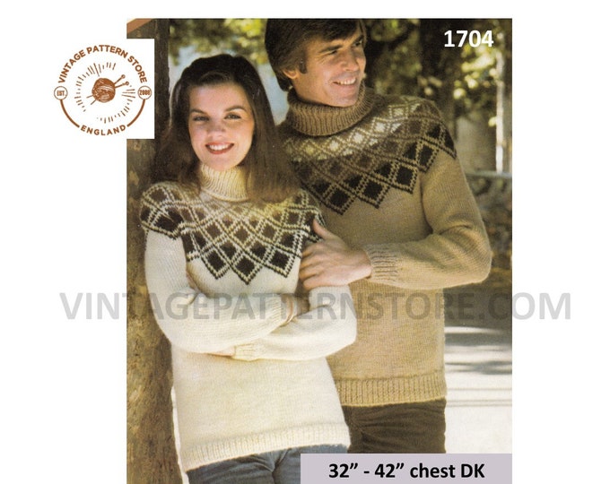 Ladies Womens Mens 80s vintage polo neck fair isle yoke yoked DK raglan sweater jumper pdf knitting pattern 32" to 42" PDF download 1704