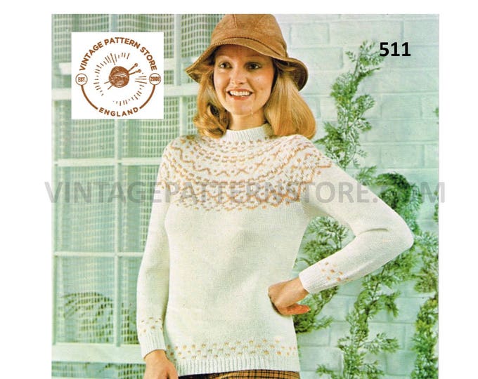 Ladies Womens 70s vintage crew neck fair isle banded yoke yoked DK raglan sweater jumper pdf knitting pattern 32" to 36" PDF download 511