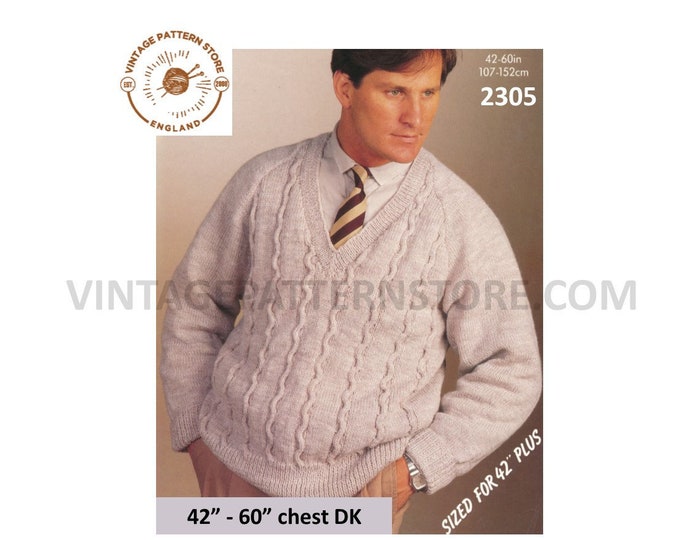 Mens Mans 80s vintage V neck cabled DK oversized plus size extra large raglan sweater jumper pdf knitting pattern 42" to 60" download 2305