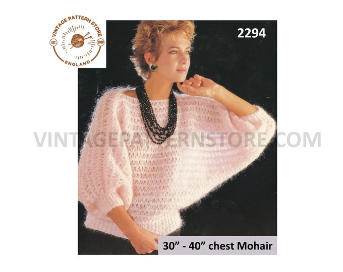 Ladies Womens 90s easy to knit slash neck lacy short sleeve batwing sweater jumper pdf knitting pattern 30" to 40" chest PDF download 2294