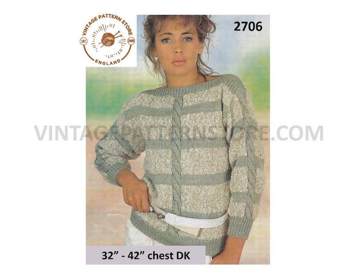 Ladies Womens 80s vintage DK slash neck cable cabled dolman sweater jumper pdf knitting pattern 32" to 42" chest Instant PDF download 2706