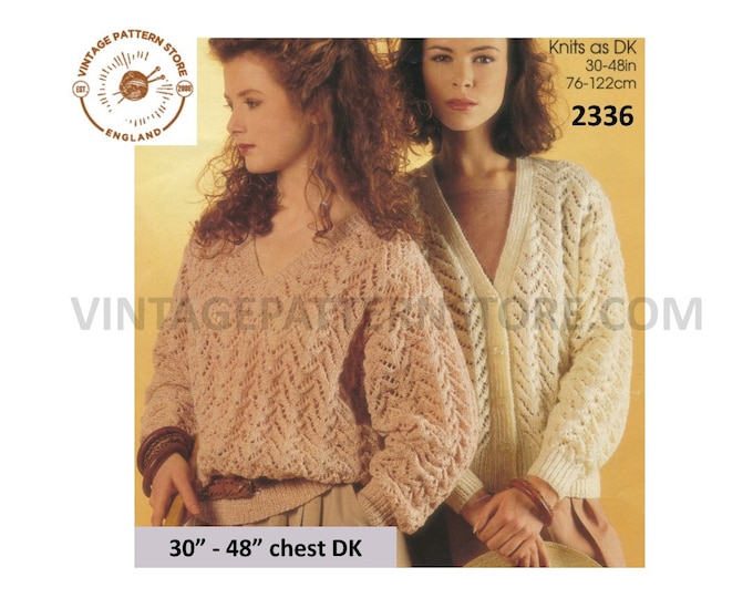 Ladies Womens 90s V neck lacy drop shoulder DK dolman cardigan sweater jumper pdf knitting pattern 30" to 48" chest PDF download 2336