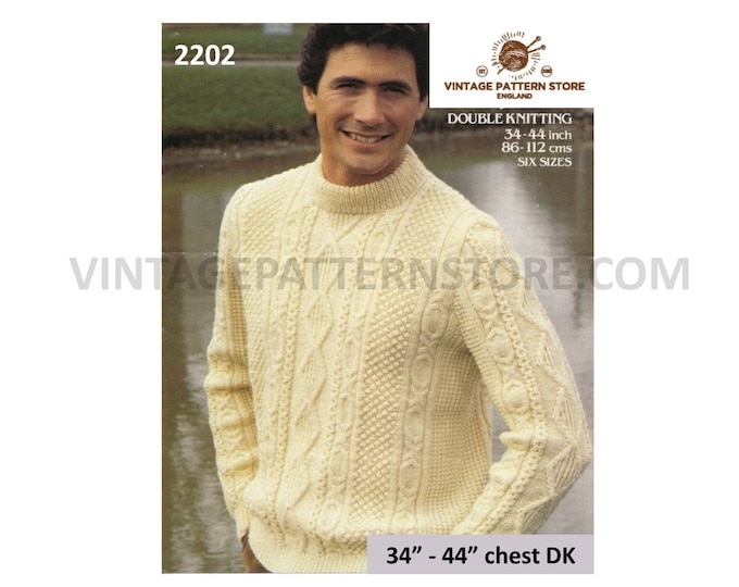 Mens Mans 80s vintage crew neck cabled cable and texture raglan DK sweater jumper pdf knitting pattern 34" to 44" chest PDF download 2202