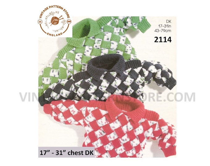 Boys Girls Childs 90s collared round neck basket weave enterlac DK raglan sweater jumper pdf knitting pattern 17" to 31" chest Download 2114
