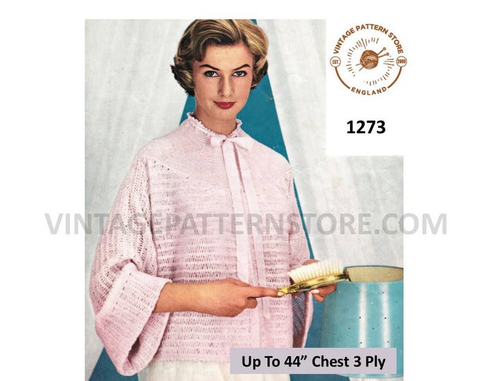 Ladies Womens 60s vintage 3 ply ribbon tie picot round neck string lace lacy bedjacket pdf knitting pattern Up To 44" chest Download 1273