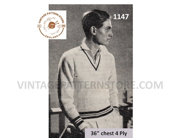Mens Mans 30s vintage 4 ply colour contrast V neck raglan cricket sweater jumper pullover pdf knitting pattern 36" chest PDF download 1147