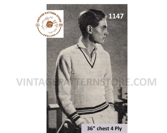 Mens Mans 30s vintage 4 ply colour contrast V neck raglan cricket sweater jumper pullover pdf knitting pattern 36" chest PDF download 1147