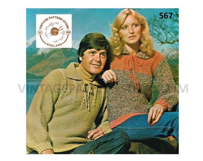 Ladies Womens Mens 70s vintage chunky knit round neck collared cable yoke raglan sweater jumper pdf knitting pattern 34" to 44" Download 567