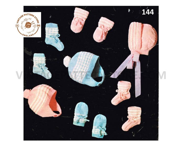 Newborn Baby Babies 80s vintage 4 ply bonnet booties & mittens pdf knitting pattern 3 designs to knit up to 6 months Instant Download 144