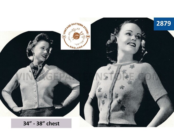 Ladies Womens 30s V or round neck long or short sleeve optionally embroidered raglan cardigan pdf knitting pattern 34" to 38" Download 2879