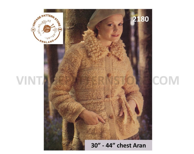 Ladies Womens 70s vintage round neck collared texture striped belted raglan aran jacket coat pdf knitting pattern 30" to 44" Download 2180