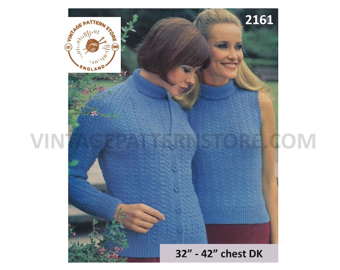 Ladies Womens 70s vintage cable cabled twin set polo neck slipover & V neck raglan cardigan pdf knitting pattern 32" to 42" Download 2161
