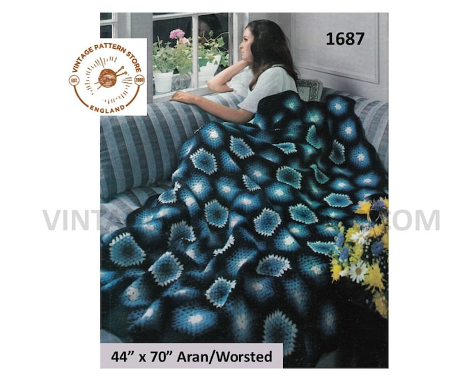 70s vintage hexagonal check motif granny blanket aran afghan throw crochet pattern 44" x 70" Instant PDF Download 1687