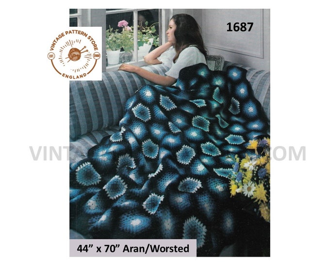 70s vintage hexagonal check motif granny blanket aran afghan throw crochet pattern 44" x 70" Instant PDF Download 1687