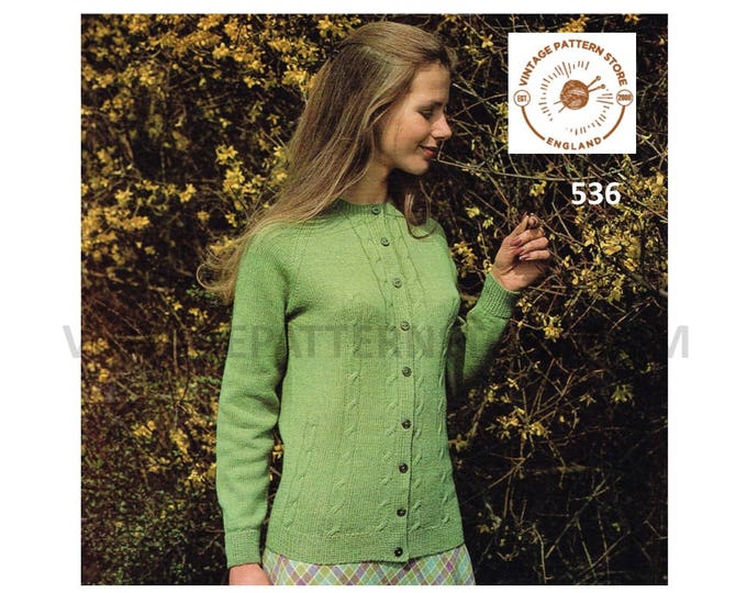 Ladies Womens 70s vintage 3 ply round neck twist cable cabled raglan cardigan pdf knitting pattern 34" to 40" chest Instant PDF download 536