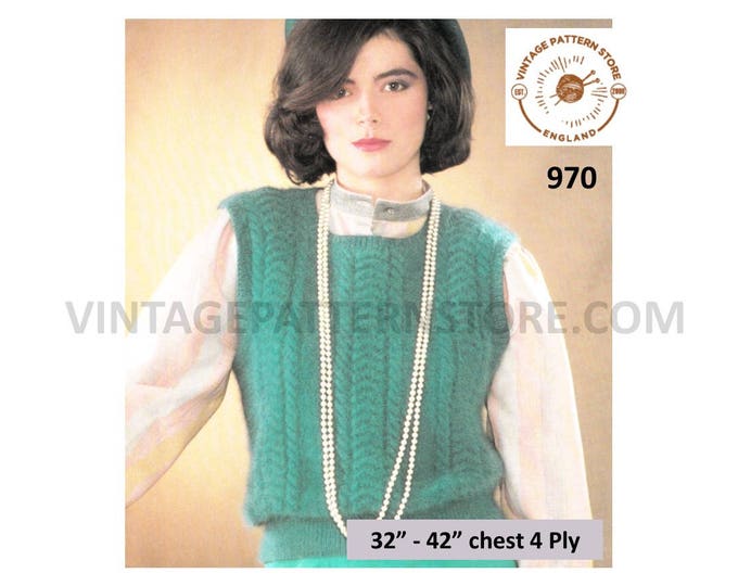 Ladies Womens 80s vintage 4 ply angora round neck cable cabled sleeveless slipover sweater vest pdf knitting pattern 32" to 42" Download 970