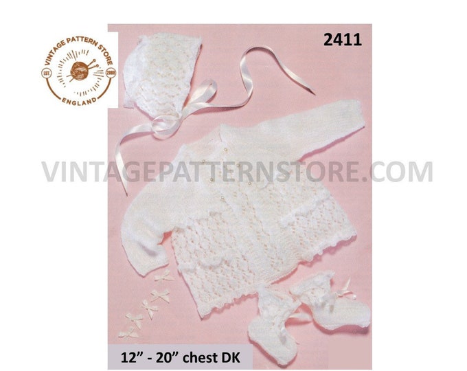 Premature Preemie baby babies DK pram set lacy eyelet lace matinee coat jacket bonnet booties pdf knitting pattern 12" to 20" Download 2411