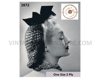 Ladies Womens 30s vintage easy to crochet 2 ply snood hat cap with velvet bow pdf crochet pattern One Size Instant PDF download 2872
