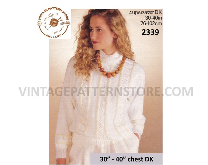 Ladies Womens 90s DK round neck cable cabled lacy diamond eyelet lace dolman sweater jumper pdf knitting pattern 30" to 40" Download 2339