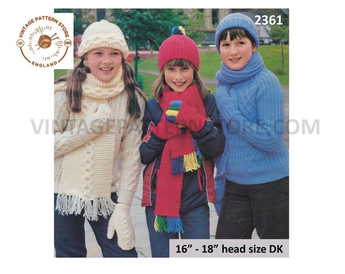 Boys Girls 80s vintage DK cable cabled multi coloured and rib ribbed fringed scarf hat mittens & gloves pdf knitting pattern Download 2361