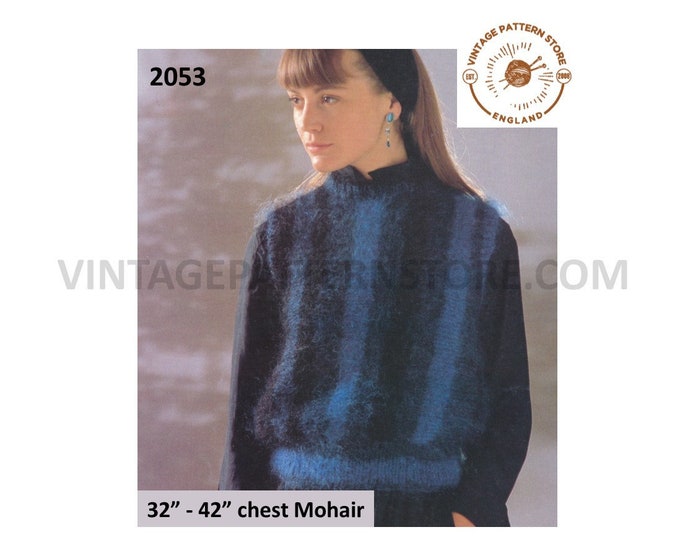 Ladies Womens 90s crew neck vertical striped mohair slipover sweater vest Summer top pdf knitting pattern 32" to 42" PDF download 2053