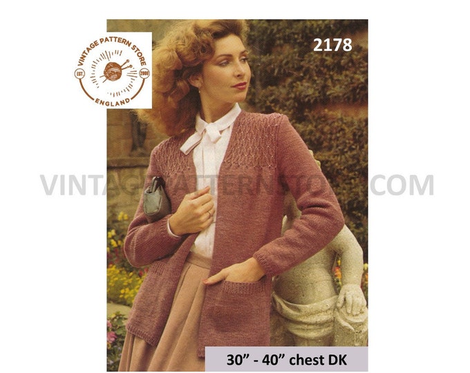 Ladies Womens 70s vintage V neck smocked yoke yoked DK raglan cardigan jacket pdf knitting pattern 30" to 40" chest Instant download 2178