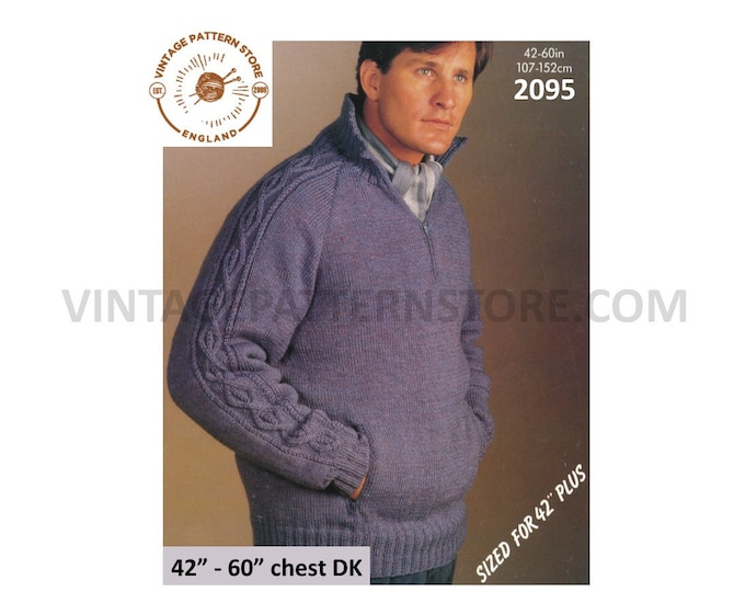 Mens Mans oversized extra large plus size zip neck cable sleeve DK dolman sweater jumper pdf knitting pattern 42" to 60" chest Download 2095
