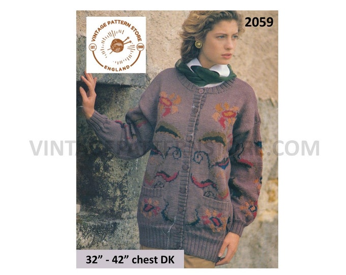 Ladies Womens 90s DK round neck floral intarsia long line drop shoulder dolman cardigan jacket pdf knitting pattern 32" to 42" Download 2059