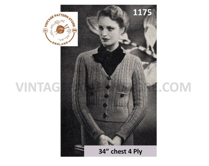 Ladies Womens 30s vintage 4 ply V neck cable cabled raglan cardigan pdf knitting pattern 34" chest Instant PDF Download 1175